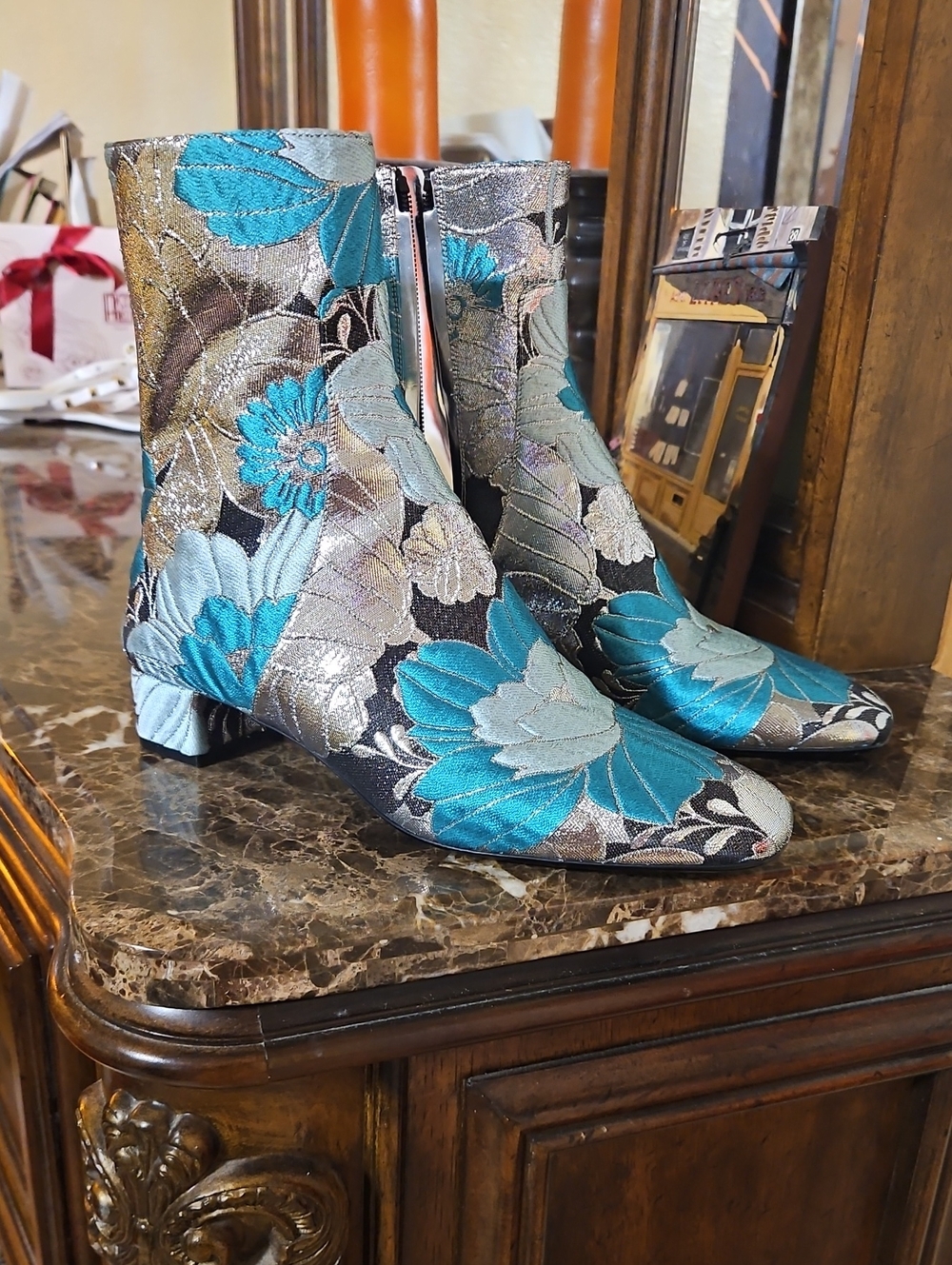 Metallic Floral Ankle Boots in Teal & Silver - Women